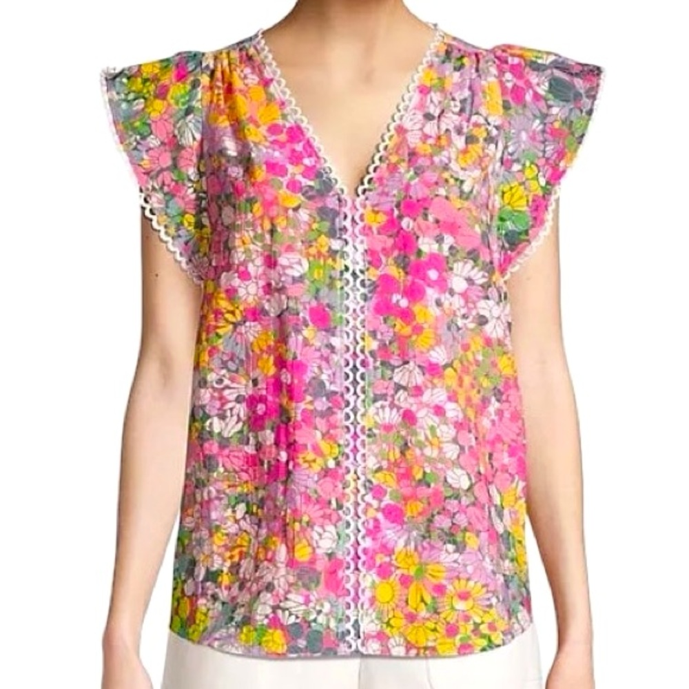 NWOT Kate Spade Floral Dots Burnout Blouse Pink Yellow Green Women's size XXS
